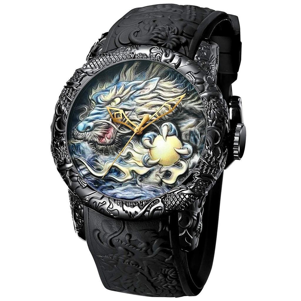 MASTOP mens fashion big dial 3D carved dragon watch quartz luxury exquisite creative fashion/black 50 mm wristwatch.