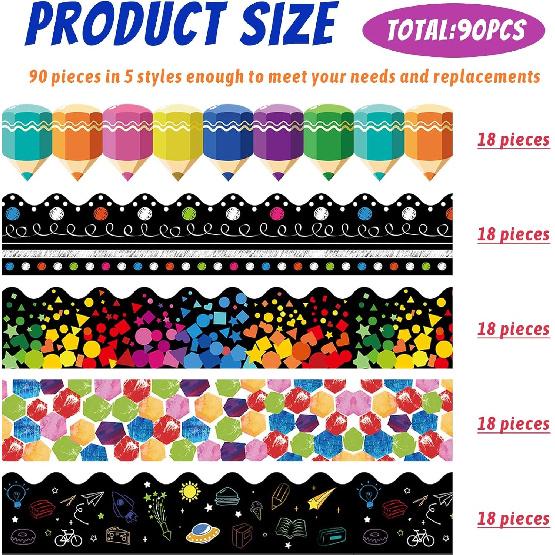 Bulletin Board Borders Decorations 90 Pieces 100 Feet, Scalloped Border Trim Colorful Bulletin Board Trim, 5 Kinds of Design Blackboard School