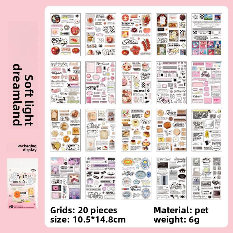 20 Sheets/pack Sticker Book Cloud Edge Light Print INS Style English Patterns Waterproof Planner Materials DIY Decorative