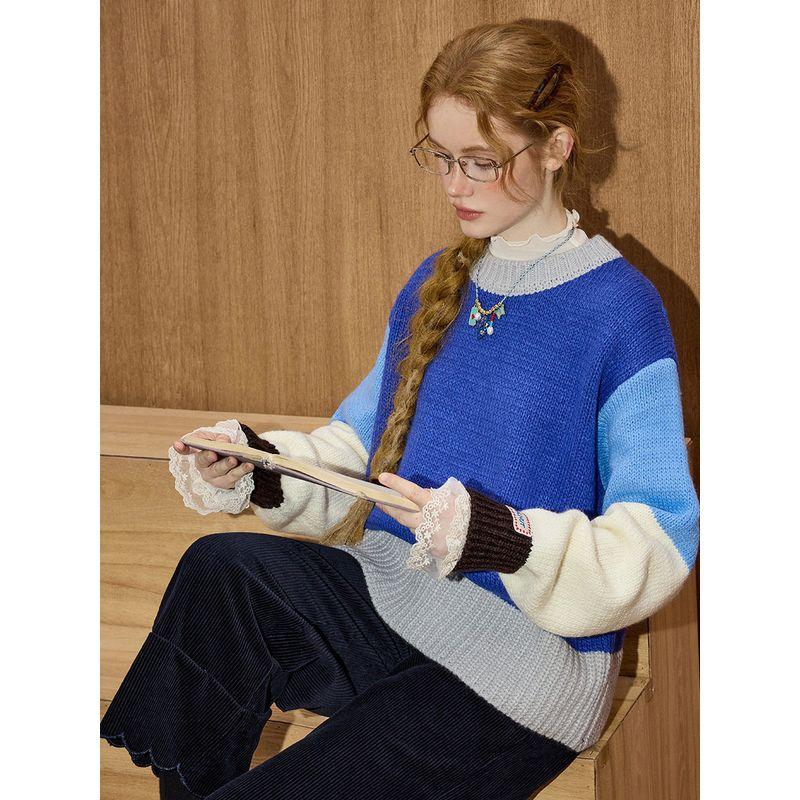 Coolhut Dopamine Color-Block Striped Sweater for Women, Lazy Style, Round Neck, Loose Design Knitwear