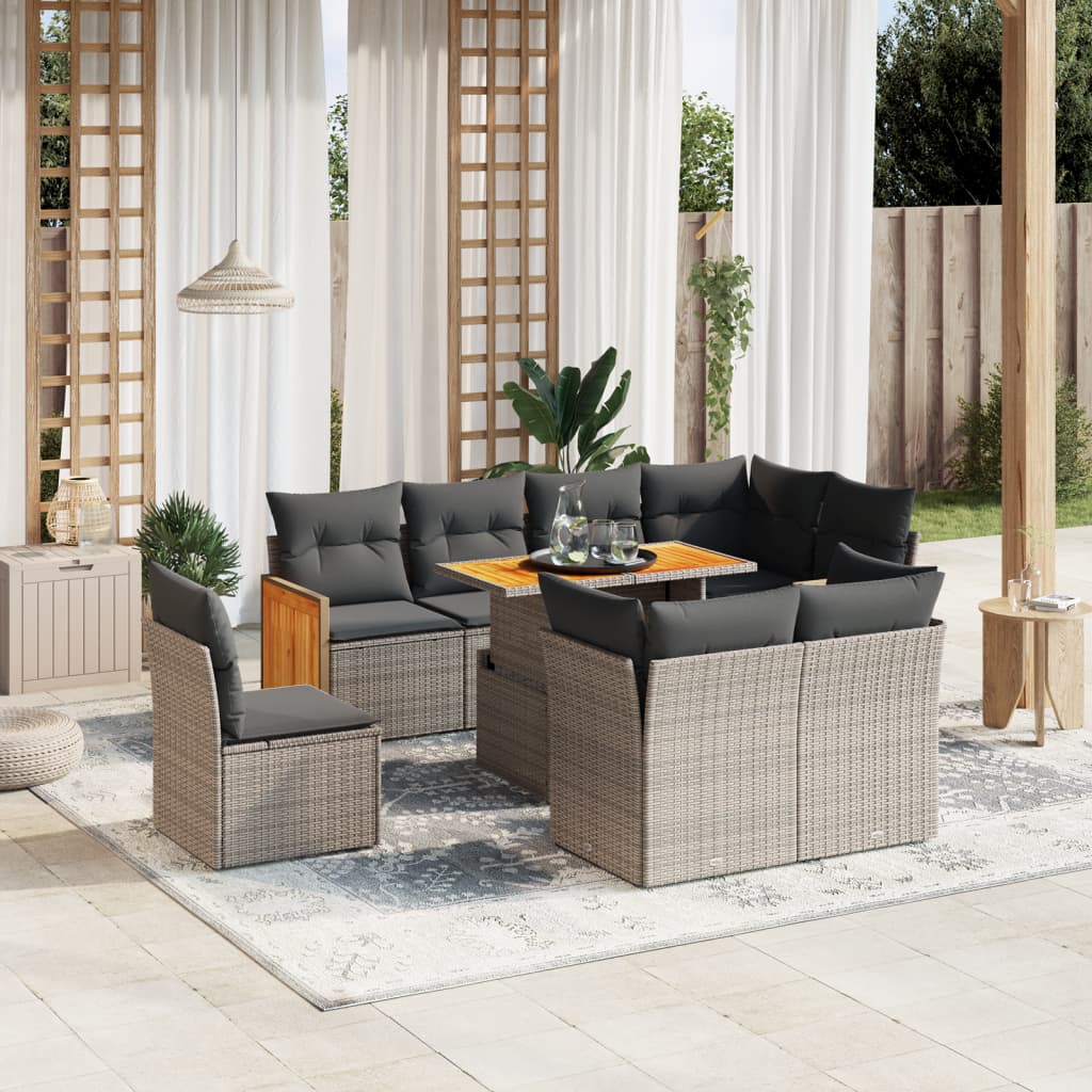 9 Piece Grey Garden Sofa Set with Cushions Poly Rattan