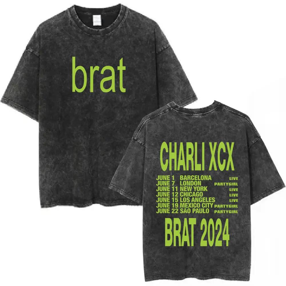 Charli Xcx Brat Arena Tour Washed T Shirts Men Women Fashion Pop Music Tshirts Cotton Vintage Tshirt Oversized Streetwear