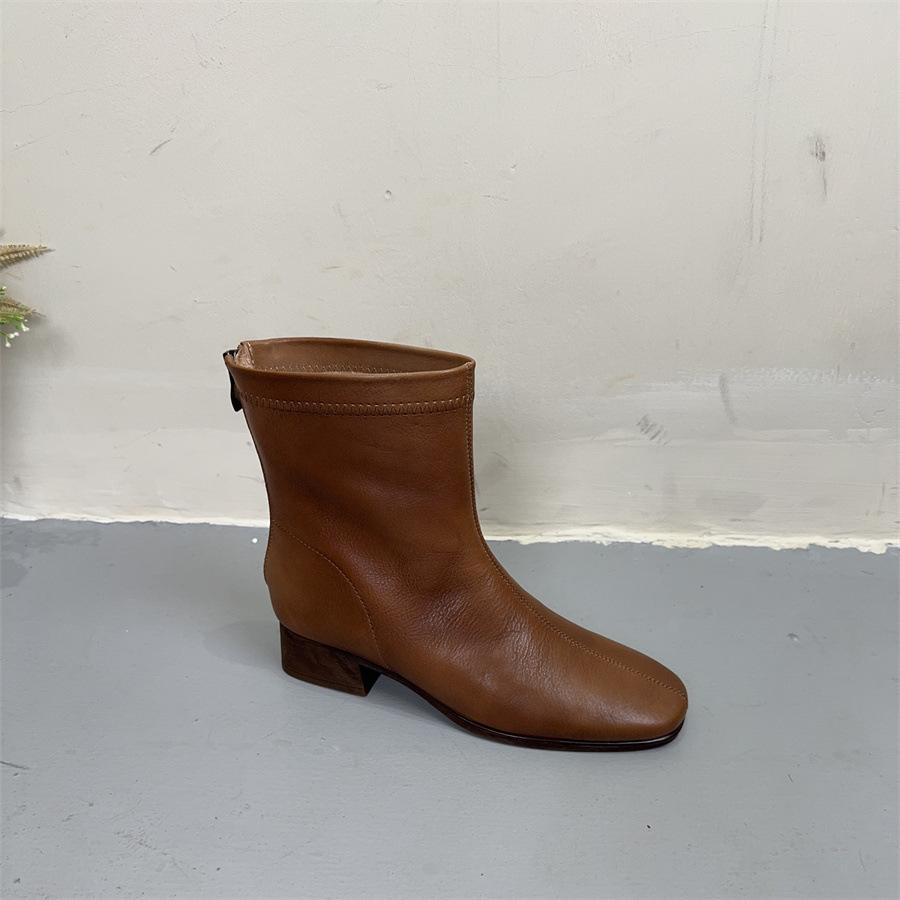 Johnature Genuine Leather Retro Thick Heel Mid-calf Boots Square Toe Versatile Women's Shoes