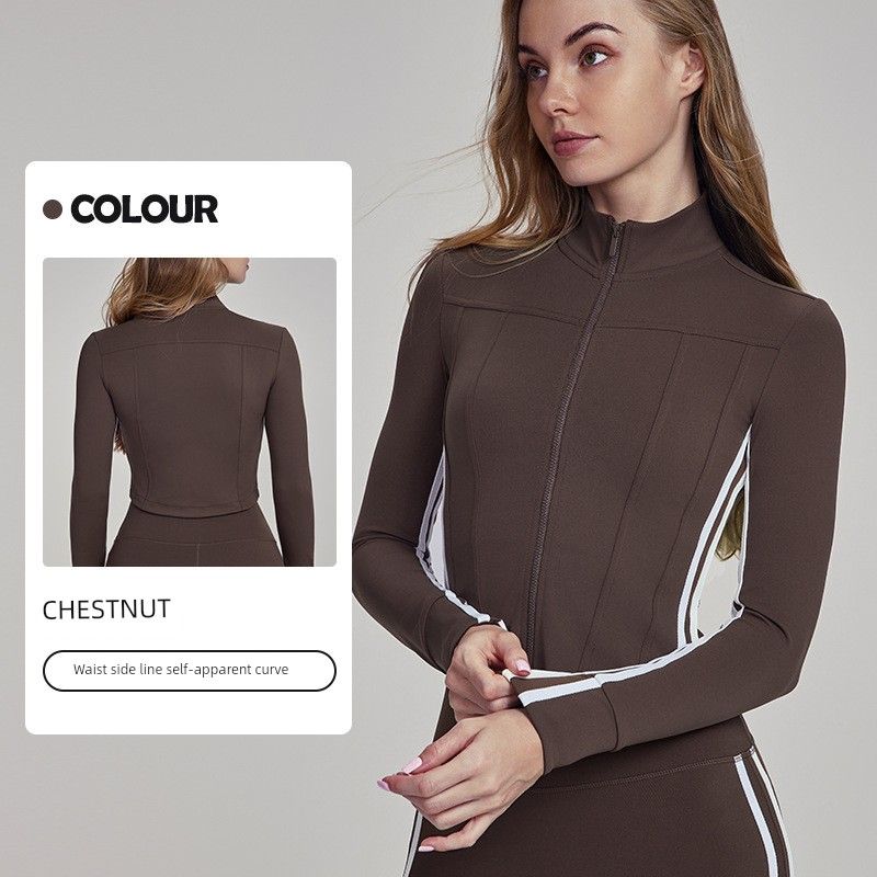 

Yoga Clothes Coat Women s Fancy Silm Stand Collar Zipper Tops Yoga Fitness Exercise Long Sleeves Stripes Quick-Drying CHESTNUT XL