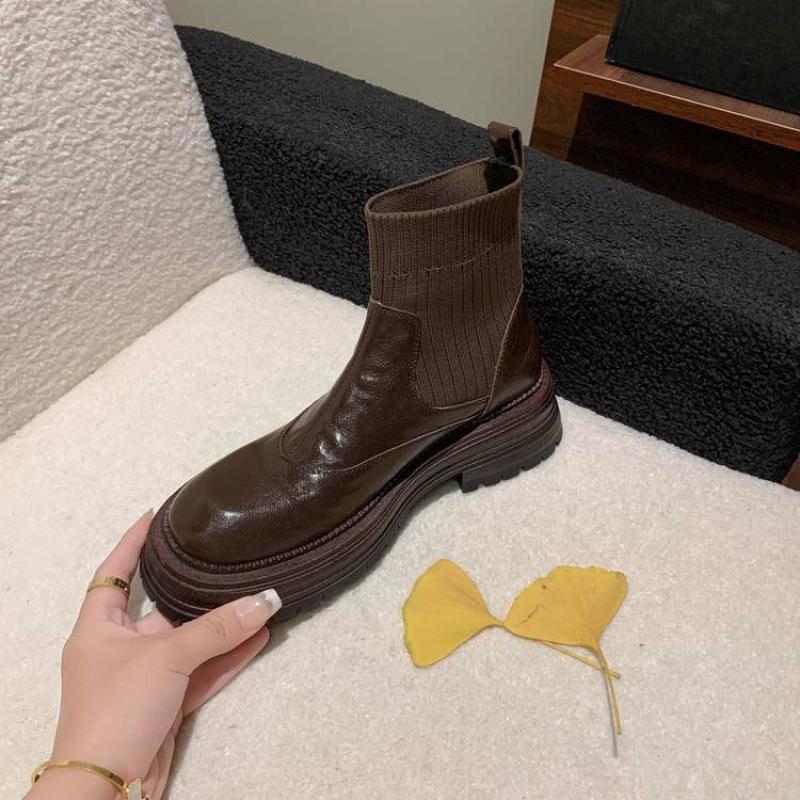 Versatile Thick-soled Sleeve Knight Boots Women's Medium Heel Round Head Solid Color Cowhide Low Boots Autumn and Winter Genuine Leather Large Size Wo