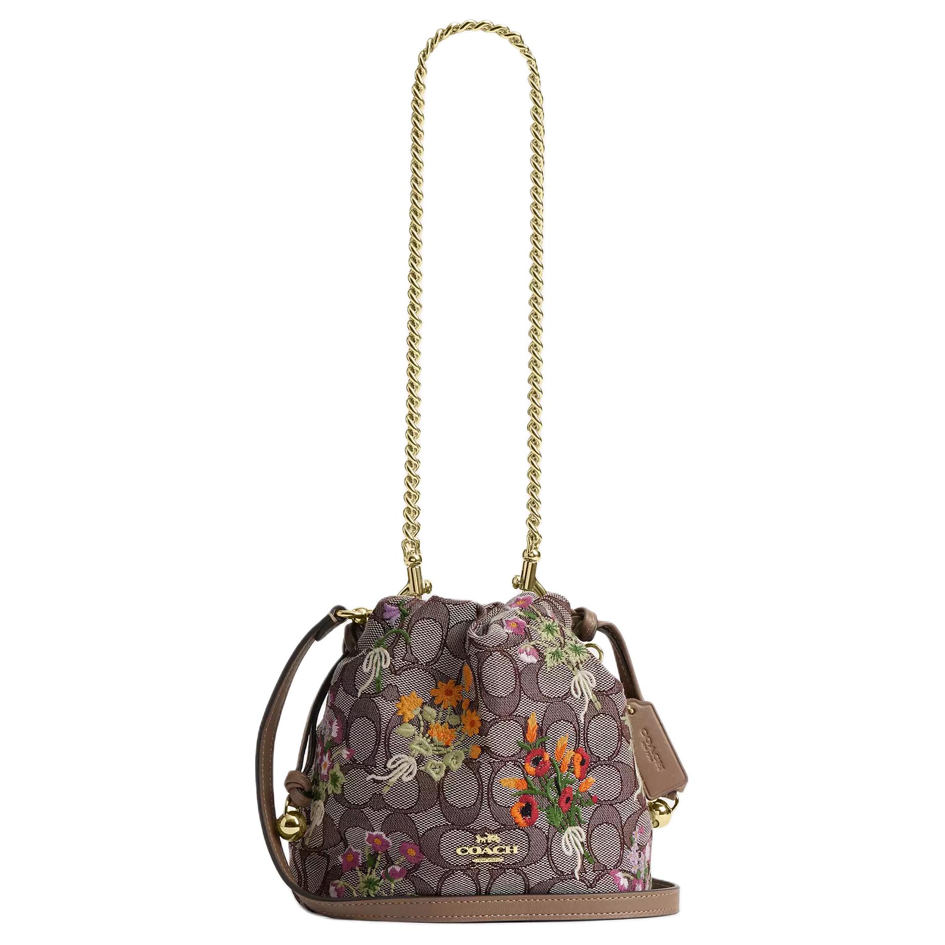 

Coach Faye Drawstring 18 Floral Embroidery Chain Strap Signature Jacquard Smooth Leather Crossbody Shoulder Bag Mini Women shoulder bag CDZ94-IMPU7 Basic Set (Bag+Dust Bag)