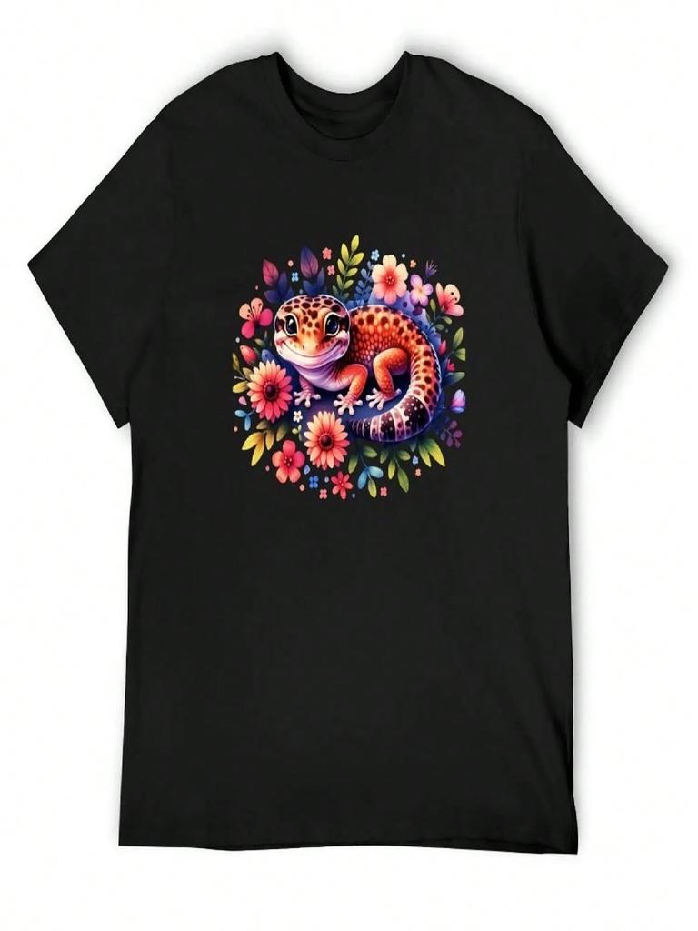 African Fat Tailed Gecko And Flowers T-Shirt Plus Sizes Anime T Shirts Personalized T-Shirt T-Shirts For Men Cotton