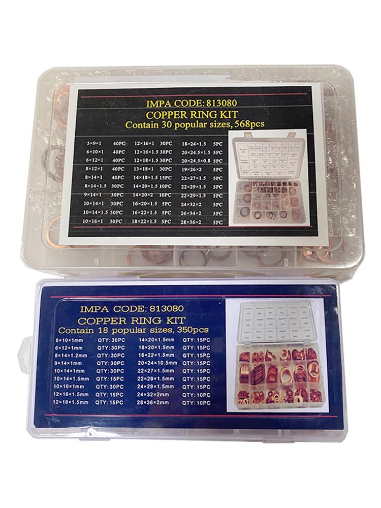 Red Copper Ring Gasket Repair Kit - Auto Parts Toolbox with Flat Gaskets