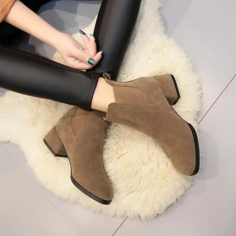 Modă Femei Botine Toamnă Iarnă Cizme Slip-on Vârf Rotund Toc Pătrat 3.5cm Culoare Solidă Casual Negru Camel Botine Mărimea 35-43