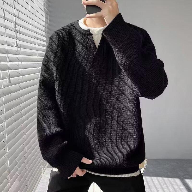 Men's Trendy Hong Kong Style Patchwork Sweater - Winter Round Neck Old Money Knitwear Casual Base Layer