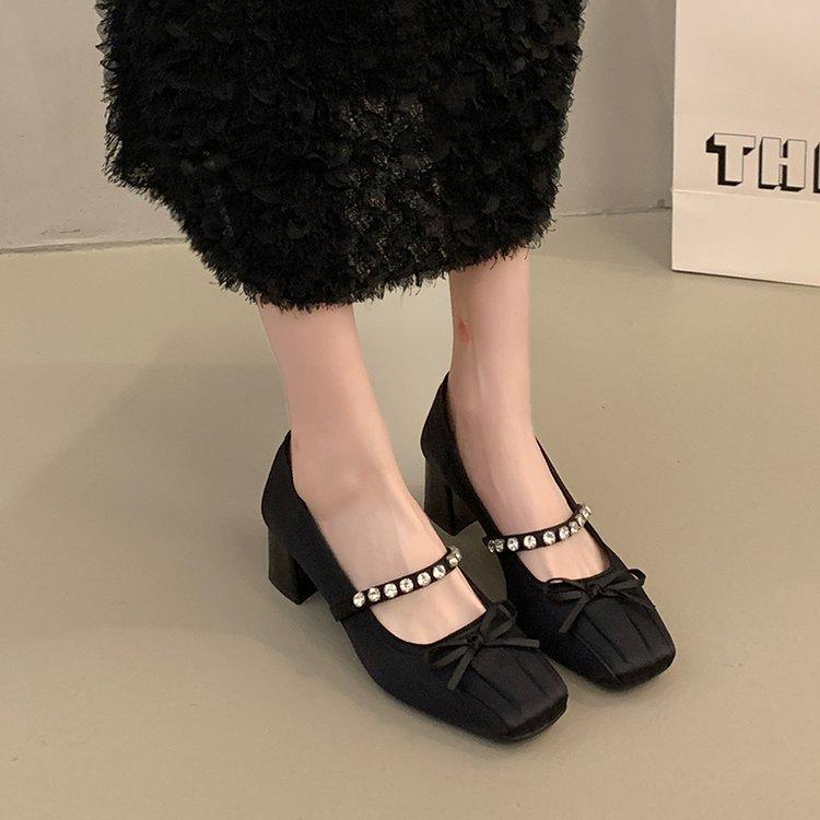 French Bow Rhinestone Ballet Square Head Thick Heel Mary Jane Single Shoes 2025 New Versatile High Heel Single Shoes