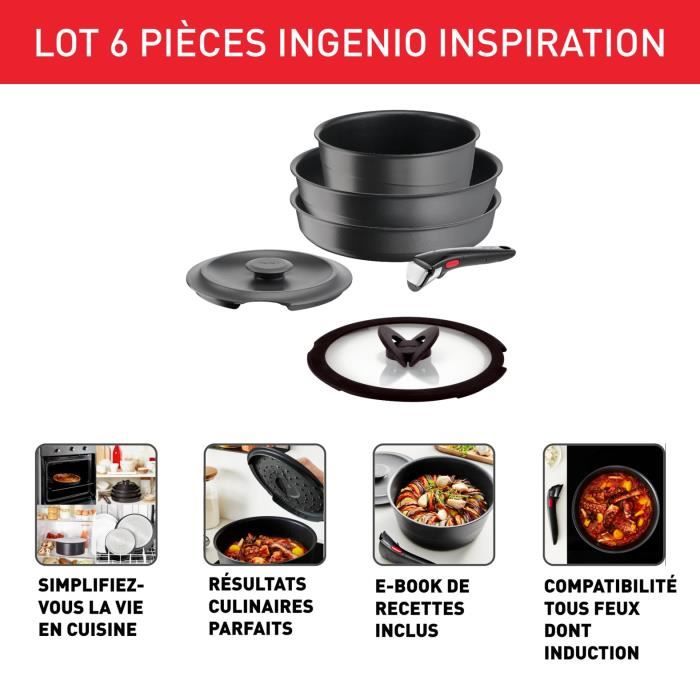 TEFAL INGENIO Lot 6 Pièces, Induction, Fonte Aluminium, Antiadhésif, Poêle, Cocotte, Couvercle Fonte + Verre, Inspiration L867S604