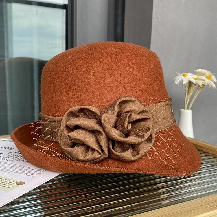 Autumn And Winter Satin Flower Woolen Hat Women'S Dome Curled Top Hat Women'S British Retro Bucket Hat