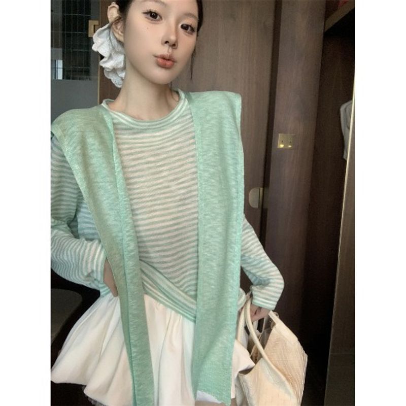 Kumikumi Idle Style Stripes Shawl Thin Long Sleeves T-shirt Female Autumn New All-Matching Slimming Sun Protection Top