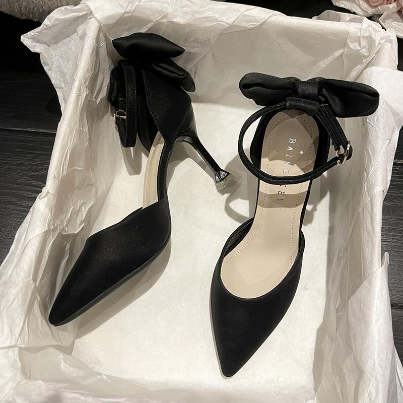 

Женские туфли на высоком каблуке, весенние новинки, туфли-лодочки с бантом и ремешком на щиколотке, женские туфли с острым носком 35 чёрный