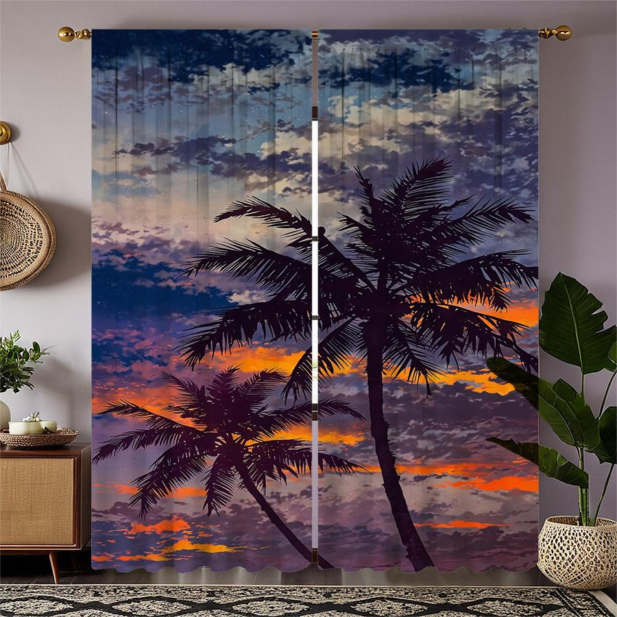 Coconut Tree Printed Curtains Pole Bag Christmas Decorations Daily Home Room Made Of Polyester