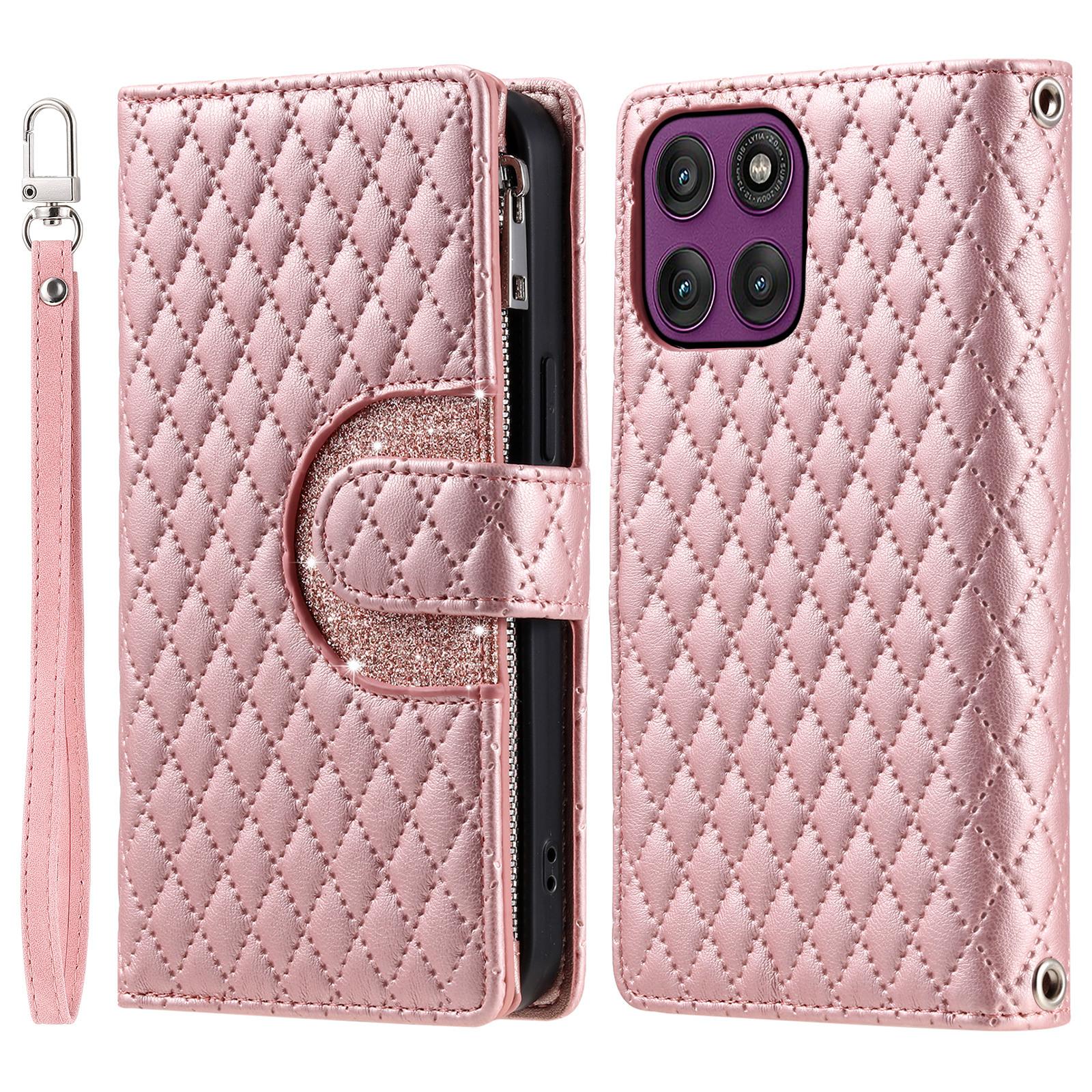 

Чехол для Motorola Moto G56 5G с карманом на молнии, блестящий кожаный чехол для телефона с ремешком на запястье Rose Gold