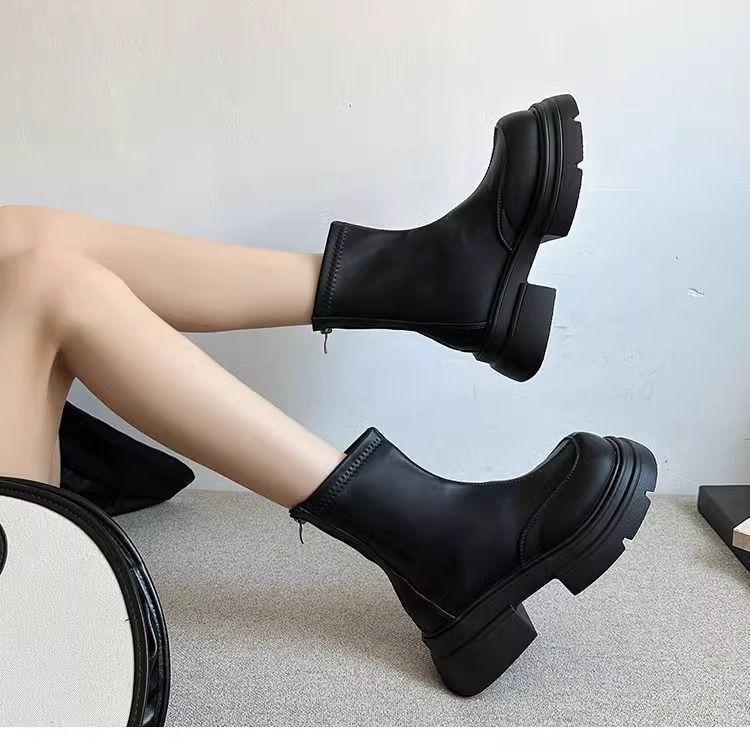 Popular Versatile Platform Short Boots Women's Single Boots 2025 Spring and Autumn New British Style Elastic Thin Boots Heightening Martin Boots