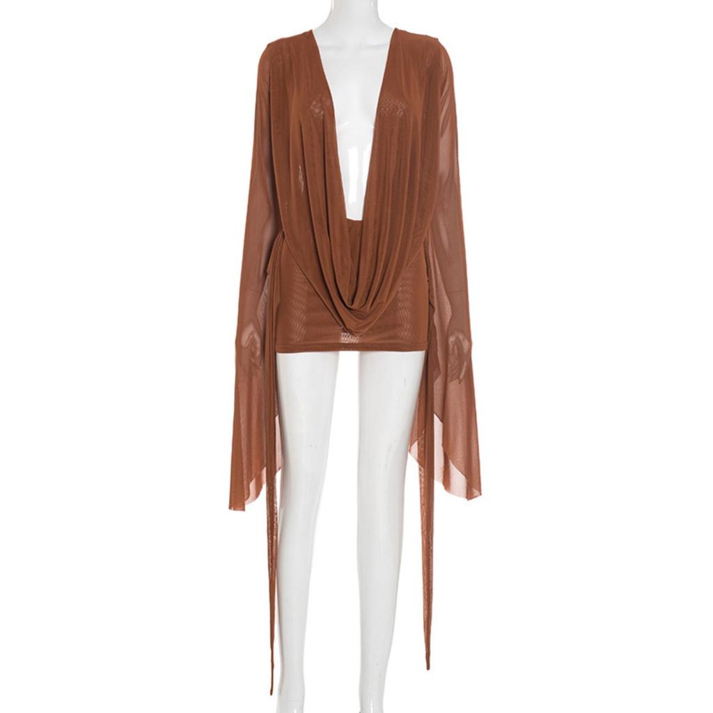 New Women's Mesh Cowl Neck Backless A-line Swing Long Sleeve Dress, European American Casual Party Dress