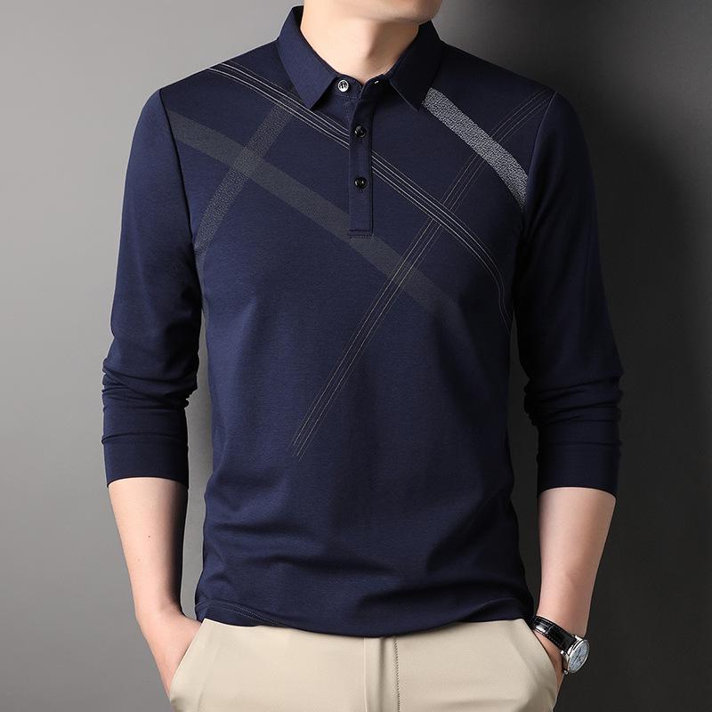 Spring New Long-sleeved T-shirt for Men with Mulberry Silk Stripes Casual Lapel Polo Shirt