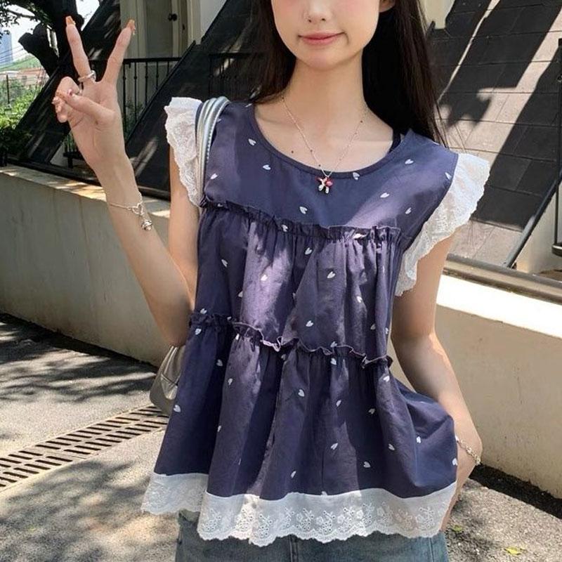 Casual Printed Shirts Summer Fashionable Lace Patchwork Women's Korean Sleeveless Vintage Loose Blouse New