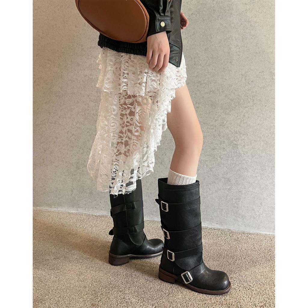 2025 New Big Tube Circumference Western Cowboy Boots Women's Belt Buckle But Knee Middle Tube Knight Boots Slim Fat Boots