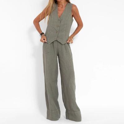 Summer Fashion Sleeveless Vest and High Waisted Wide Leg Pants Solid Color Suit Women's Cotton and Linen 2 Piece Set Plus Size S-5XL