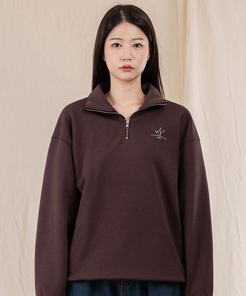 Ellamo French Terry Half-Zip Collared Oversized Sweatshirt [Brown]