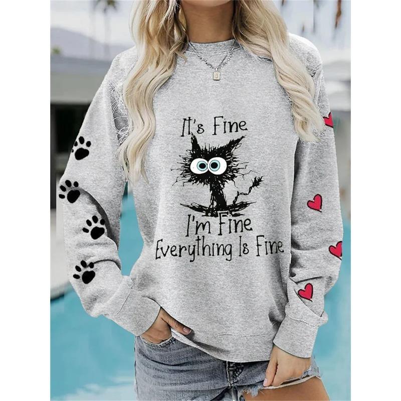 

Женский спортивный свитер повседневный европейский размер повседневный уличный узор с принтом кота круглый вырез плюс толстовка с длинными рукавами 4XL