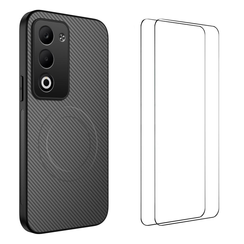 Dla Xiaomi Redmi 15 5G (Światowy) (169mm) Magnetyczne etui WANLONFENG Seria TQ1 Tekstura włókna węglowego PC TPU Pokrowiec na telefon z 2 szt. folii na ekran