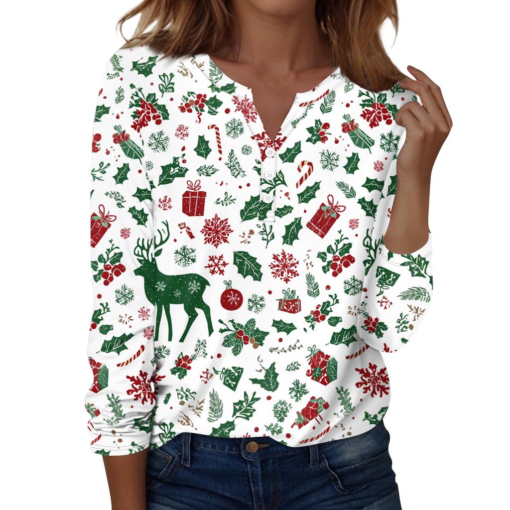 Women's Fashion Casual H Printed V-Neck Long Sleeve Decorative Button T-Shirt Tops