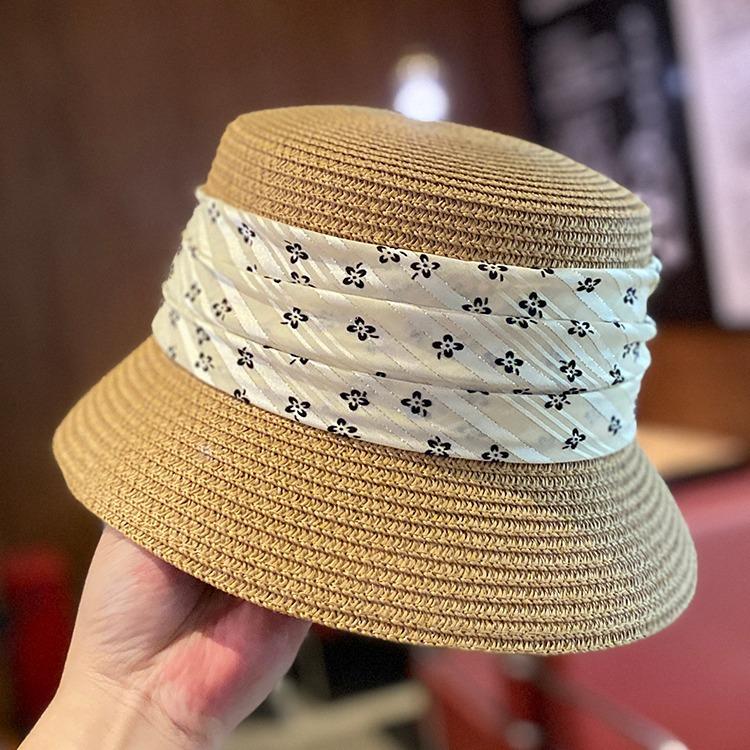 Hat women's summer straw fashion versatile bucket hat elegant flat top straw hat sunshade sunscreen basin hat