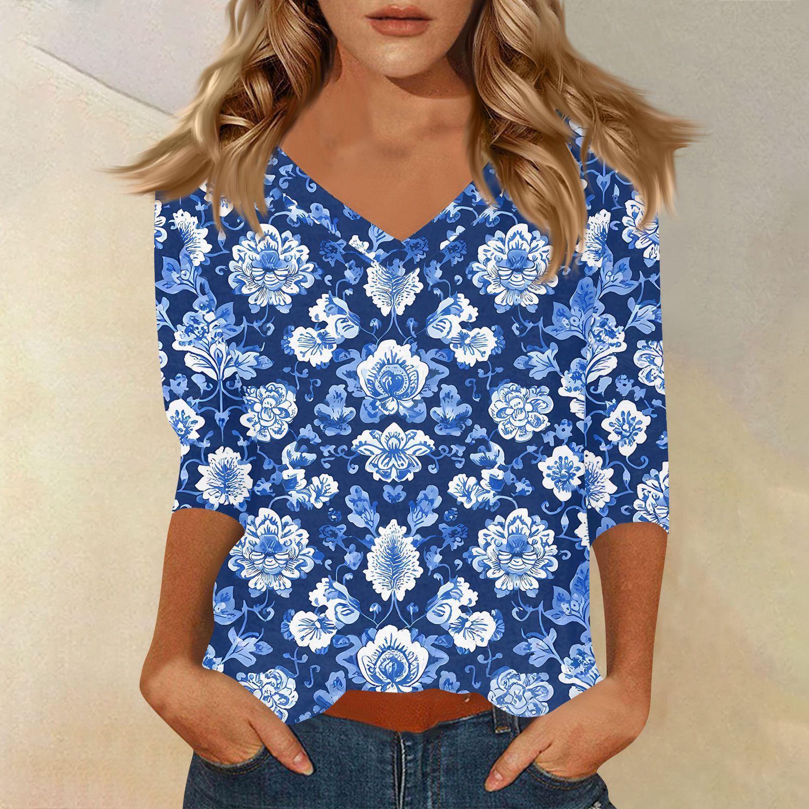 

Женская футболка с принтом, рукав 3/4, повседневная мода на выходные, базовый топ с V-образным вырезом XL синий