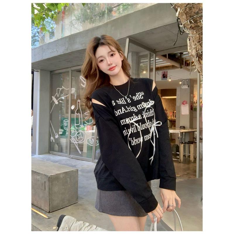 Autumn and Winter New Style Korean Design Bow Hollow Off-shoulder Letter Print Long-sleeved Off-shoulder Sweatshirt for Women