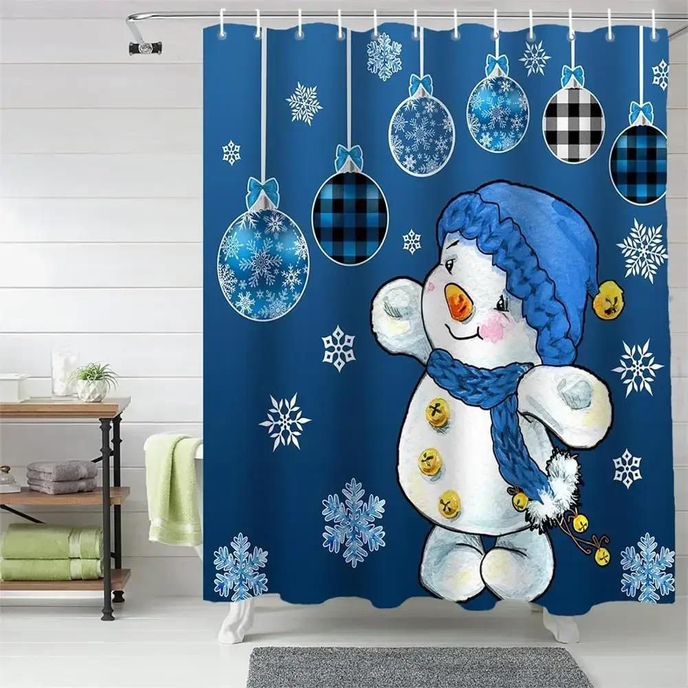 Cute Christmas Snowman Shower Curtains Xmas Tree Balls Green Pine Branches Winter Snow New Year Home Bathroom Decor Set Fabric