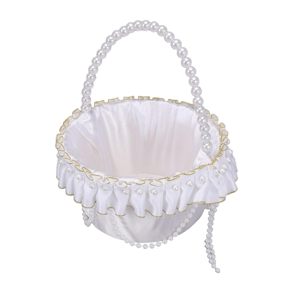 Hochzeit Blumenmädchen Korb mit Perlenhenkel Satin Blume Aufbewahrungskorb für Party Haus Dekoration Weiß