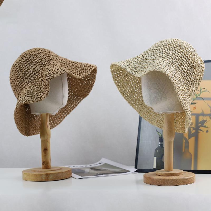 2026 Korean Style Women Straw Hat Summer Handmade Knitting Stitch Wide-brimmed Hat Outdoor Beach Vaction Sun Protection Hats