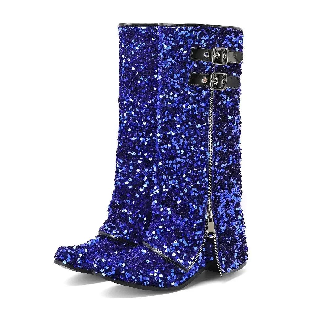 Módní dámské kozačky do půli lýtka s ohrnutým lemem, růžová látka se třpytkami, fialové vysoké blokové podpatky, zimní zateplené, kulatá špička, zip, kozačky nad půlku kalhot