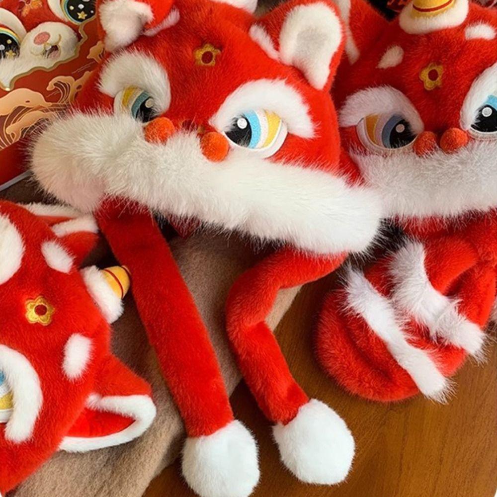 Thickened New Year Red Cap Ears Can Move Plush Beanies Fashion Lion Dance Hat  Outdoor