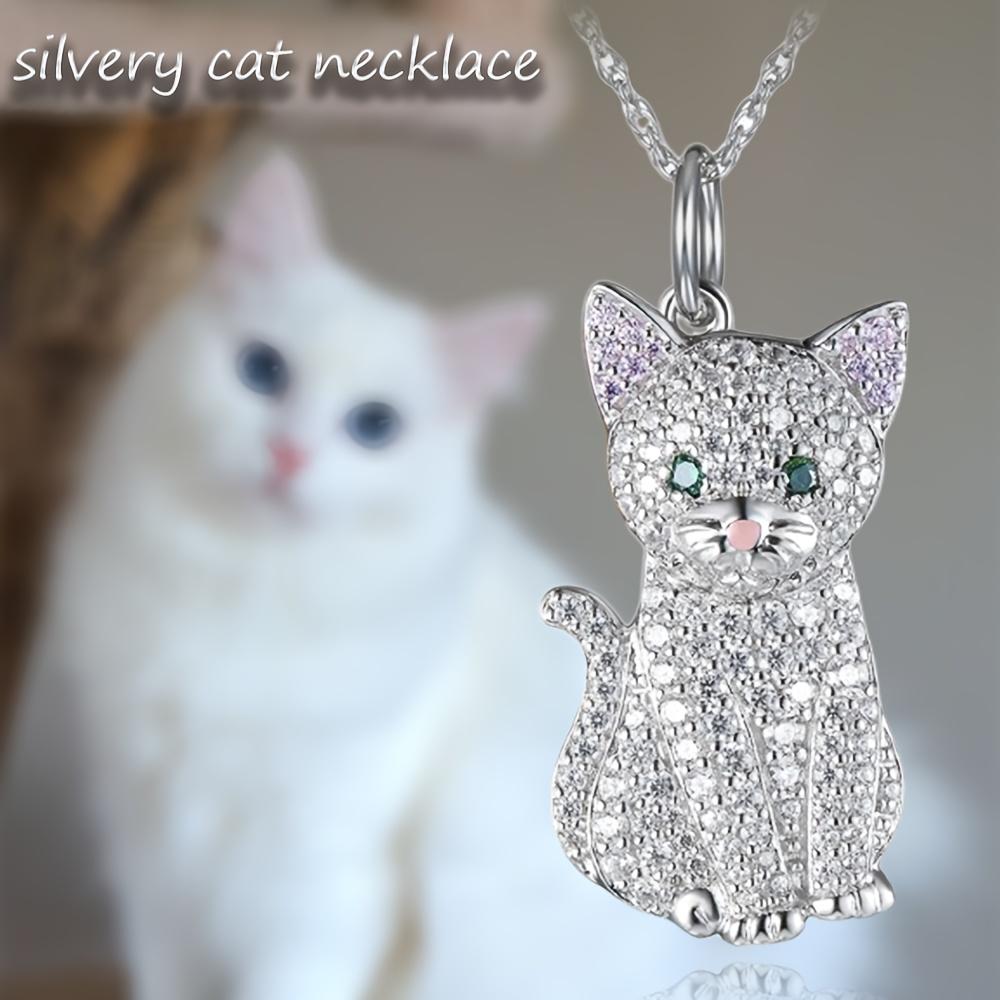 1pc Exquisite Cute And Fashionable Silvery Cat Pendant Necklace, Inlaid With Imitation Zircon Necklace For Girls, Holiday Birthday Party Gifts