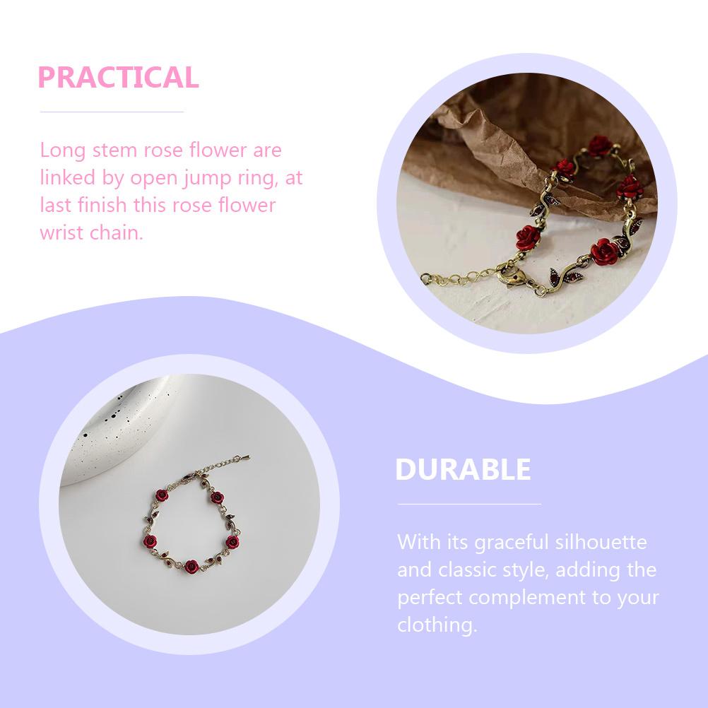 Adjustable Rose Flower Charm Wrist Chain Valentine s Day Gift For Girls Red Long Stem Flower Chain Bracelet Bangle With Lobster