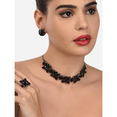 Black Dazzling Stones Embellished Contemporary Necklace Earring & Ring Set For Women
