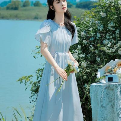 Elegant French Style Long Dress with Petal Sleeves and Belted High Waist