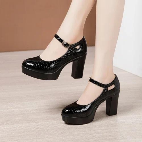 Small Size 32-43 Black Genuine Leather Shoes Shallow Platform Pumps Women 2025 Block High Heels Mary Jannes for Office Model Mom