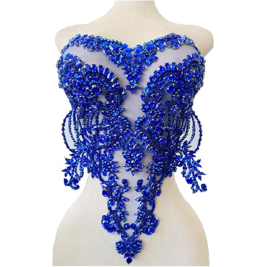 Handmade red/Blue/Gold/Green Rhinestones Lace Bodice Applique Sewing Beads Crystal Trim Patches Accessory for Dress Clothes (Light Champagne)