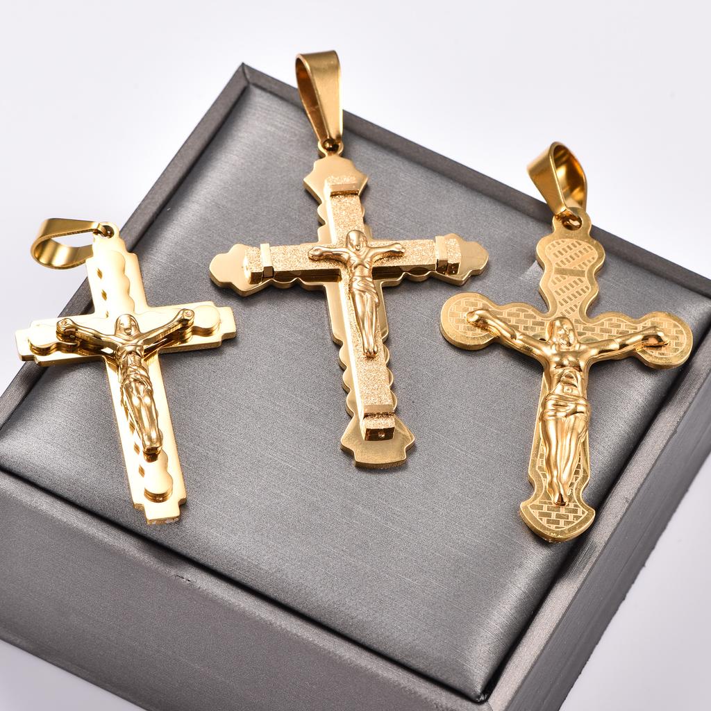 Stainless Steel Punk Jesus Crucifixion Cross Pendant Necklace for Women Men Religious Faith Prayer Charms Chain Metal Jewelry