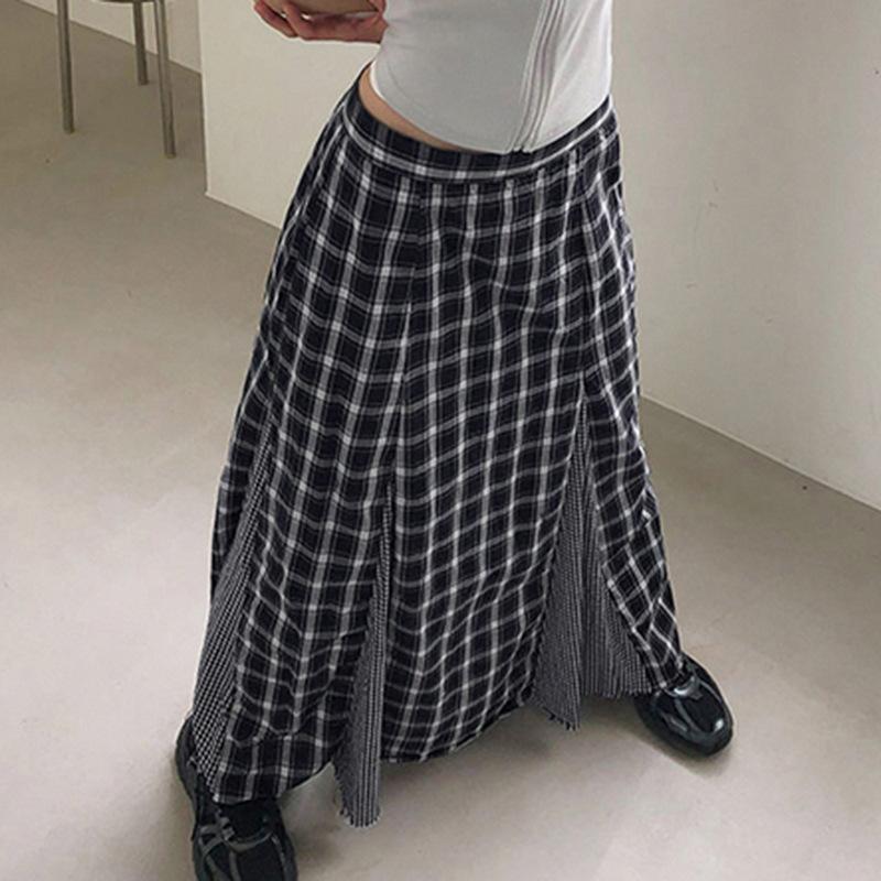 Women's Retro College Style Color Contrast Patchwork Check Low Waist Slimming All Matching Simple Skirt