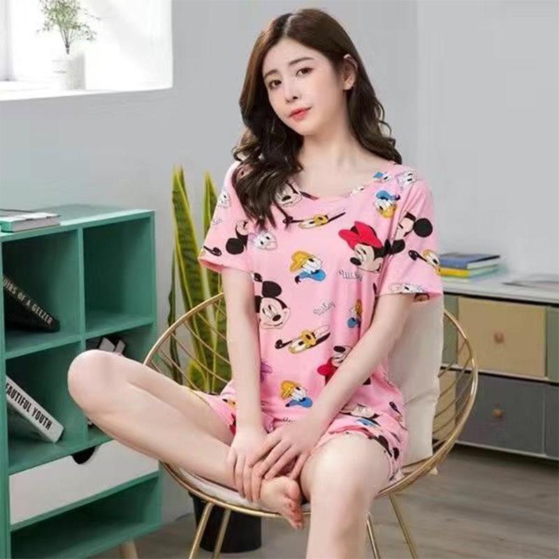 Letni zestaw piżam damskich: Okrągły dekolt, Krótki rękaw, Nadruk z kreskówką, Odmładzająca odzież domowa