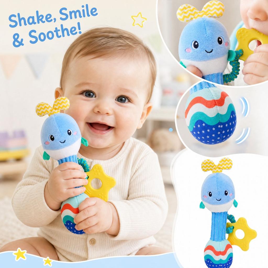 Chewable Baby Hand Rattle and Teether with Grasping Stick for and Infant Comfort Toy