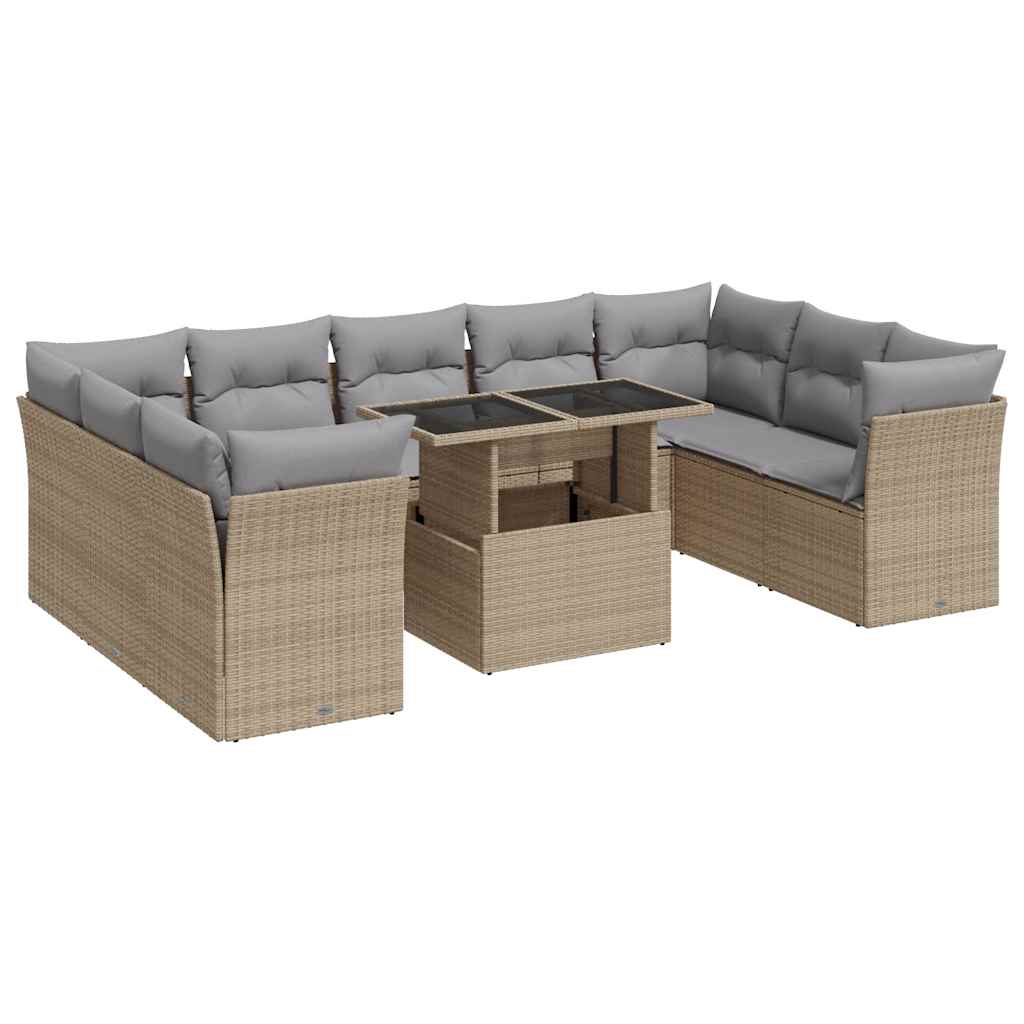 Vidaxl 10-Cz. Garden Furniture Set With Cushions, Beige, Poly Rattan